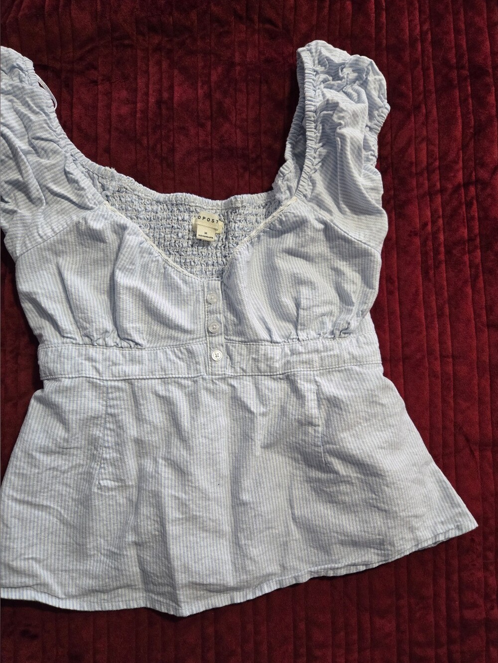 Aeropostale Light Blue and White Striped Peplum Button Front Top